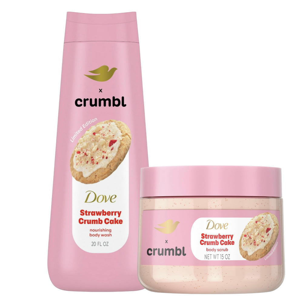 Dove Crumbl gel de ducha, frasco con fragancia fresa y hidratación suave.