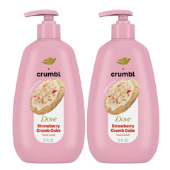 Dove Crumbl Strawberry Crumb Cake hand wash bottle with pump on sink for daily cleansing