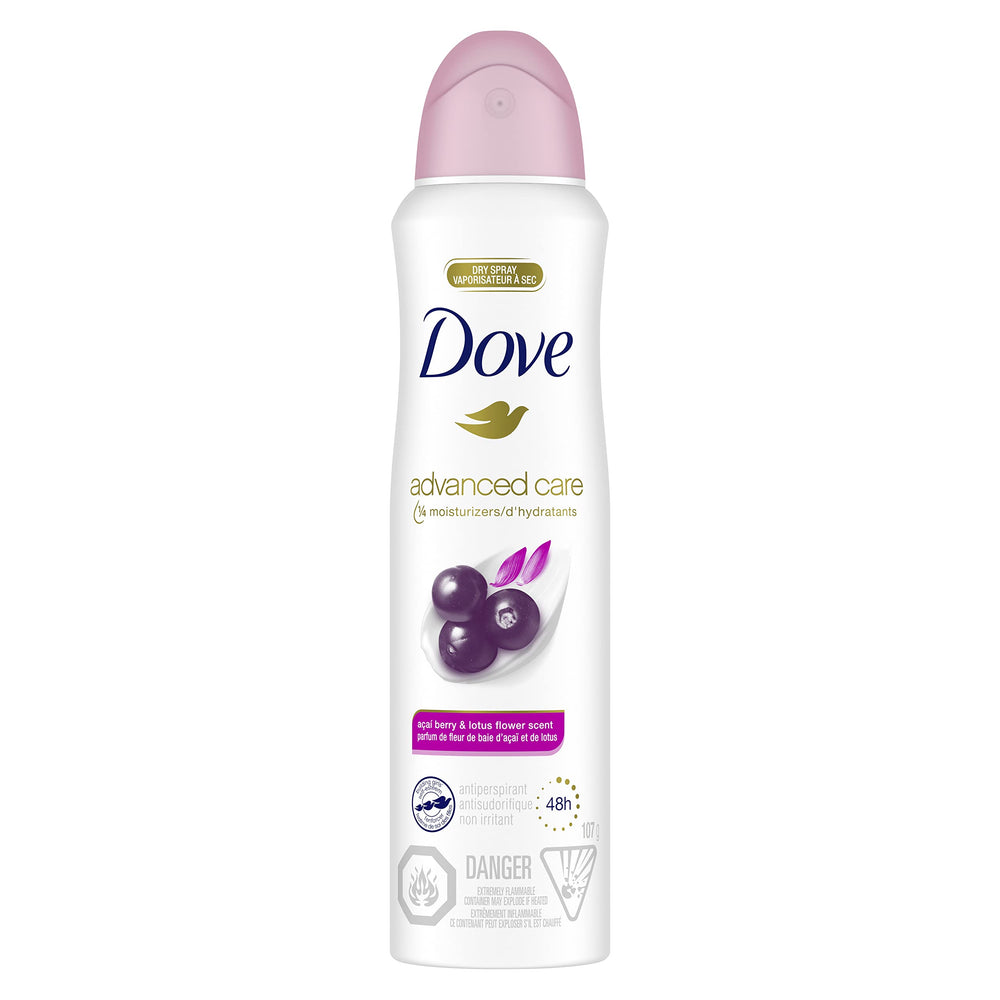 Frasco de Dove Cuidado Avanzado con bayas de acai y flor de loto para refrescar.