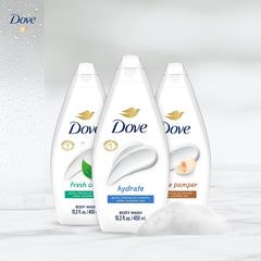Dove Cuidado Fresco, botella lateral, limpieza suave que deja la piel cómoda.