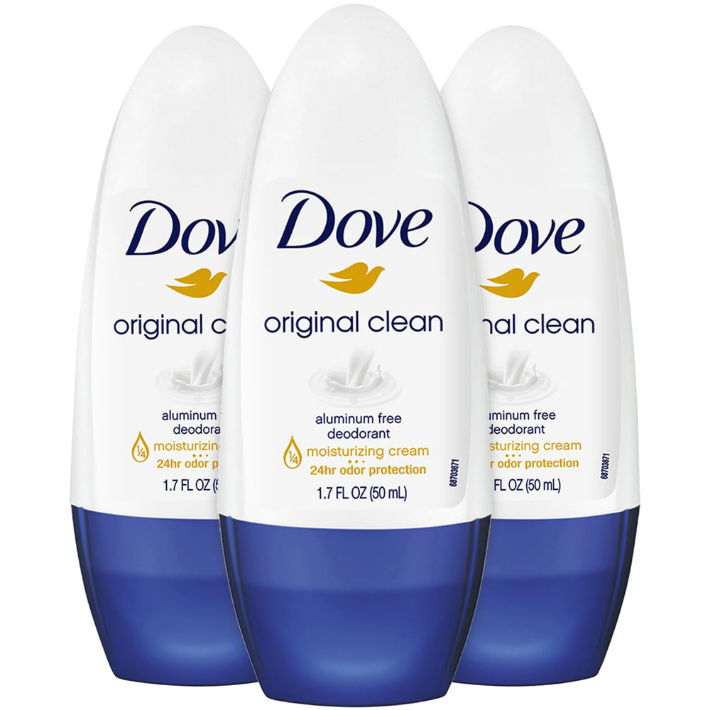 Dove Desodorante Original Claro Roll-On 3 Pack, protección 24H y hidratación suave para la piel.