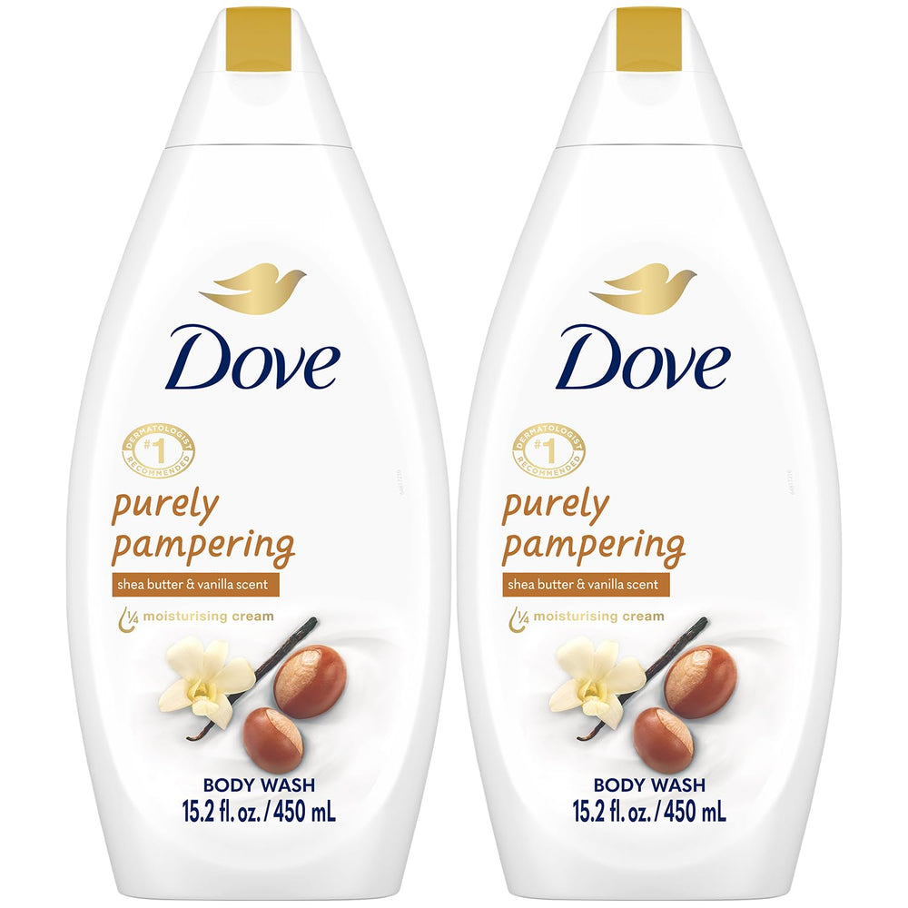 Dove Ducha doble paquete con manteca de karité y vainilla para hidratación suave.