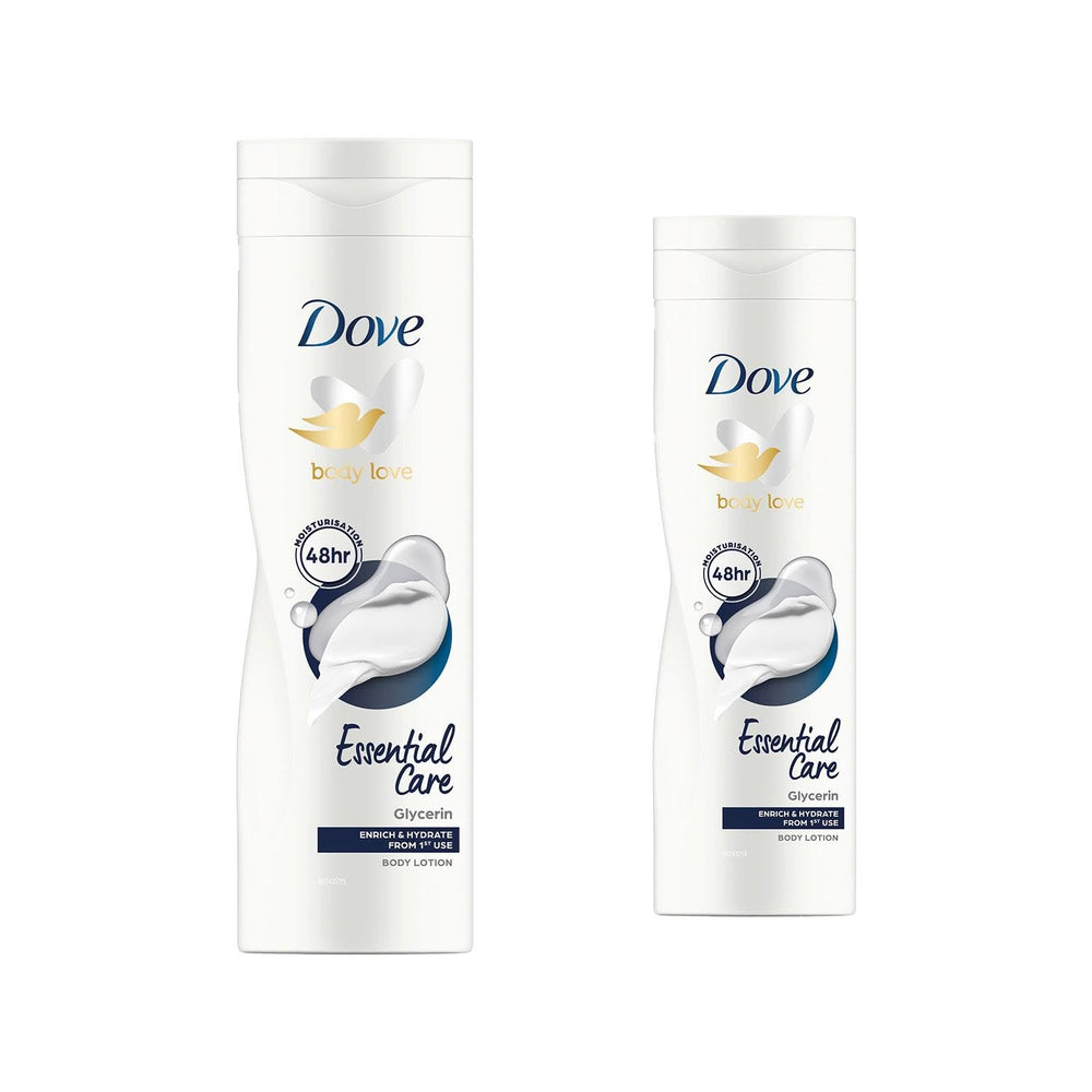 Dove Esencial Nutrición crema corporal, botella doble, cuidado diario para piel seca.