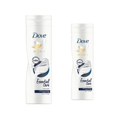 Dove Esencial Nutrición crema corporal, botella doble, cuidado diario para piel seca.
