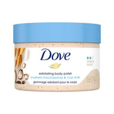 Dove Exfoliante Corporal Macadamia y Leche de Arroz: envase práctico para uso en ducha.