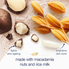 Dove Exfoliante Corporal Macadamia y Leche de Arroz: nutrición inmediata gracias a la crema hidratante.