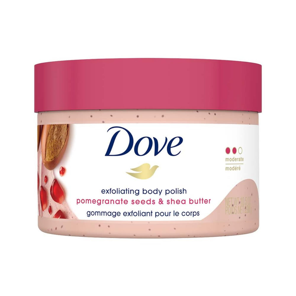 Dove Exfoliating Body Polish granada y karité, botella para exfoliar suavemente