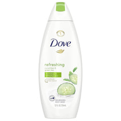 Dove Gel de Ducha Pepino y Té Verde frente al envase, limpieza suave diaria.