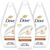Dove Gentle Pamper, botella derramando, para una ducha suave y refrescante.