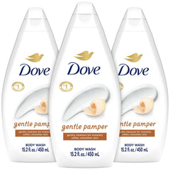 Dove Gentle Pamper, botella derramando, para una ducha suave y refrescante.