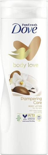 Loción corporal indulgente Dove en envase: nutrición suave para piel seca.