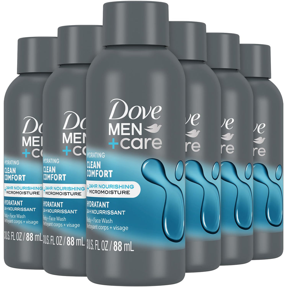 Dove Men+Care limpia la piel con confort; botella para uso diario y suave al tacto.