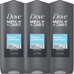Dove Men+Care Clean Comfort, la bouteille montrée, offre hydratation et fraîcheur après la douche.