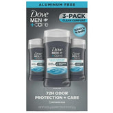 Dove Men+Care desodorante en barra 72 horas sin aluminio, empaque reciclable.