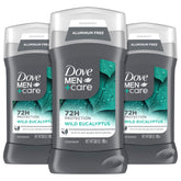 Dove Men+Care desodorante libre de aluminio con aroma de eucalipto refrescante.