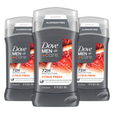 DOVE MEN+CARE desodorante sin aluminio en barra, aroma cítrico veraniego, protección duradera.