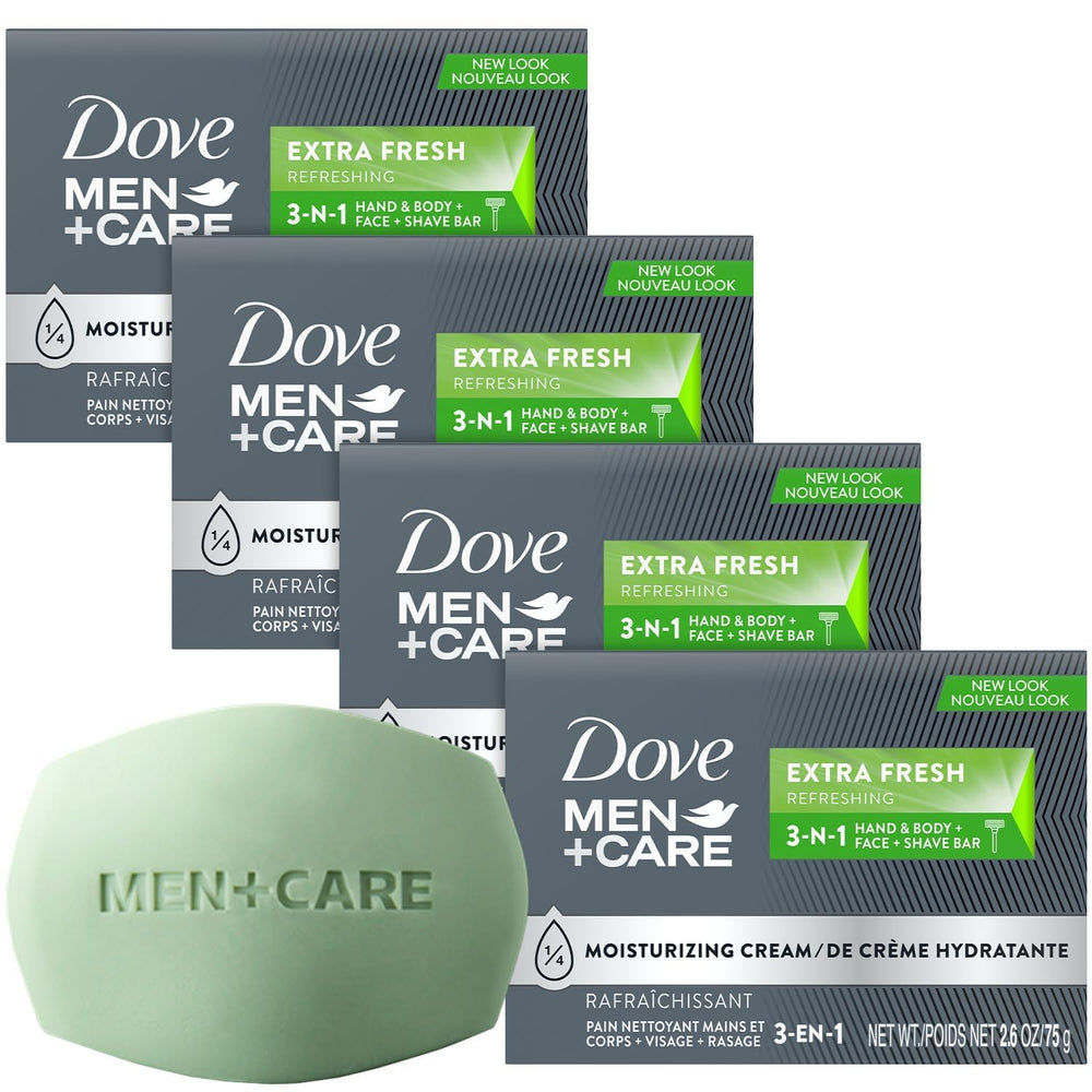 Dove Men+Care Jabón en Barra Extra Fresh, presentación atractiva, hidrata suavemente la piel.