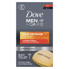 Dove Men+Care Skin Defense Bar packaging shown for easy daily use.