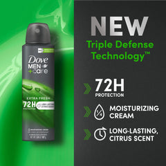 Dove Men+Care tecnología defensa triple, protección antiperspirante confiable.