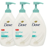 Dove Gel Douche Sensible avec Pompe, pack de 3, douceur et hydratation durable.