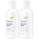Champú Dove Travel Essentials en envase 3oz, limpieza suave para cabello dañado.