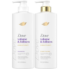 Dove Volume Shampoo bottle pump demonstrates lift for fuller-looking hair.