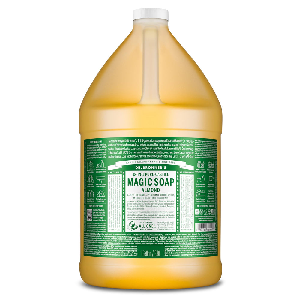 Dr. Bronner's Jabón Castile Almendra, botella vertiendo, perfecto para limpieza diaria.