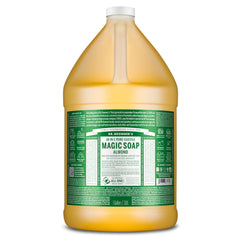 Dr. Bronner's Jabón Castile Almendra, botella vertiendo, perfecto para limpieza diaria.
