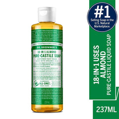 Dr. Bronner's Almond liquid soap pour for dishes and hand washing.