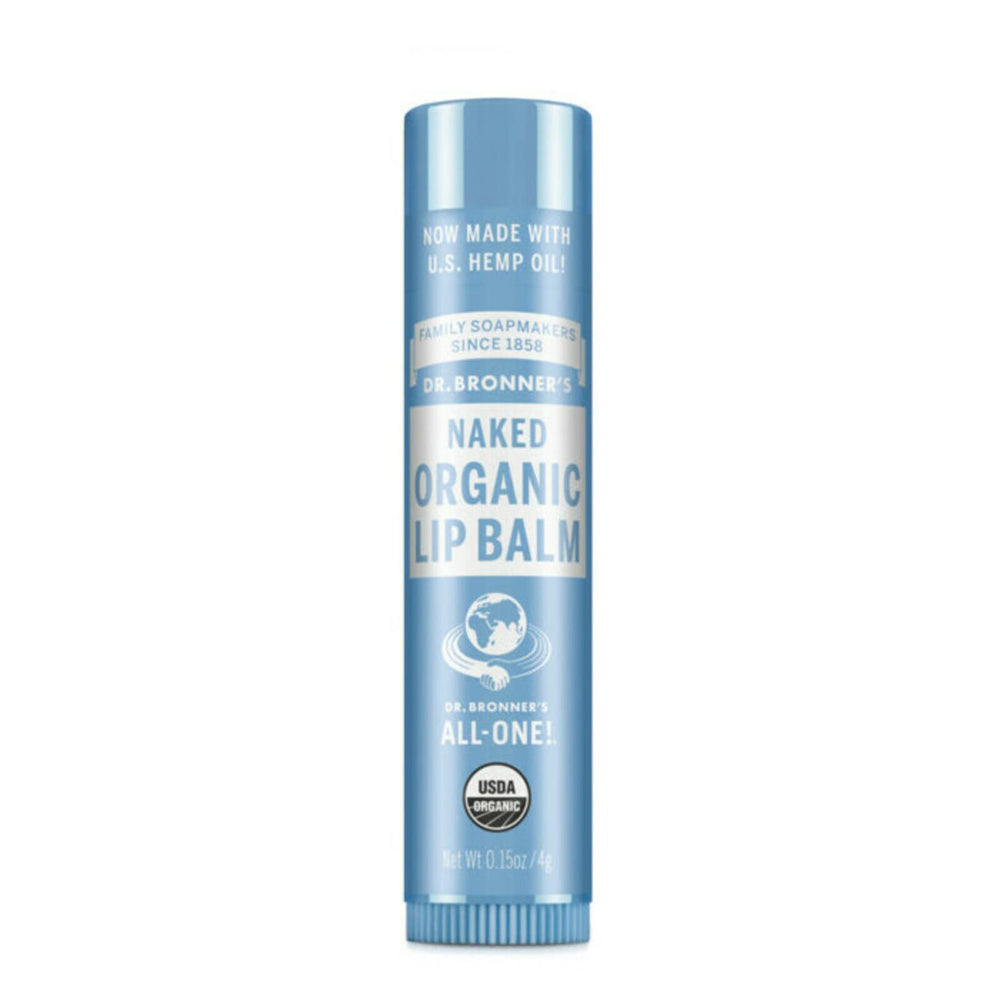 Bálsamo labial Dr. Bronner's Naked, empaque frontal, hidratación suave sin fragancias.