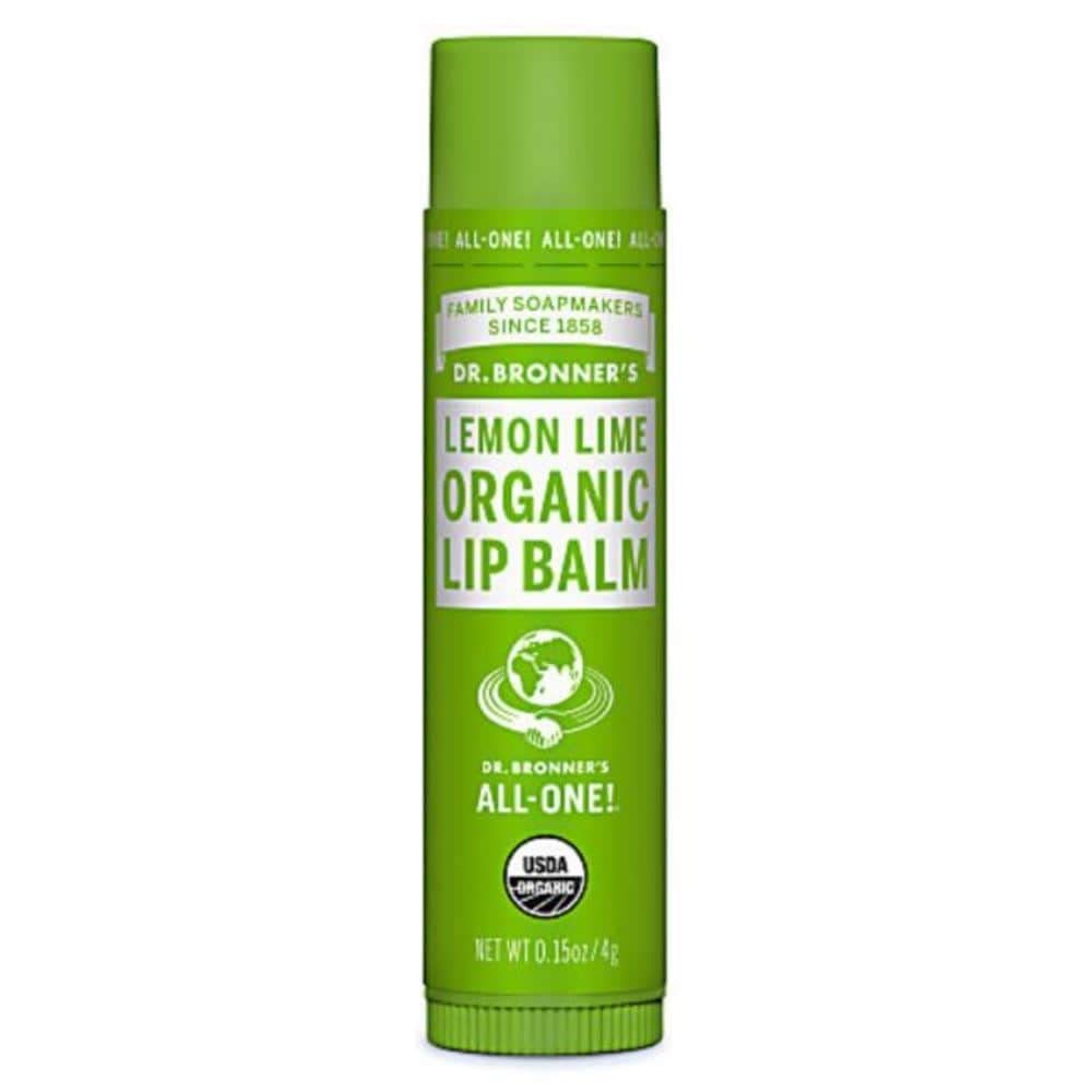 Dr. Bronner's bálsamo labial limón lima para hidratación suave y aroma cítrico.