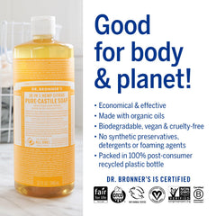 Dr. Bronner’s ingredientes organicos certificados, cultivo responsable visible en cada uso