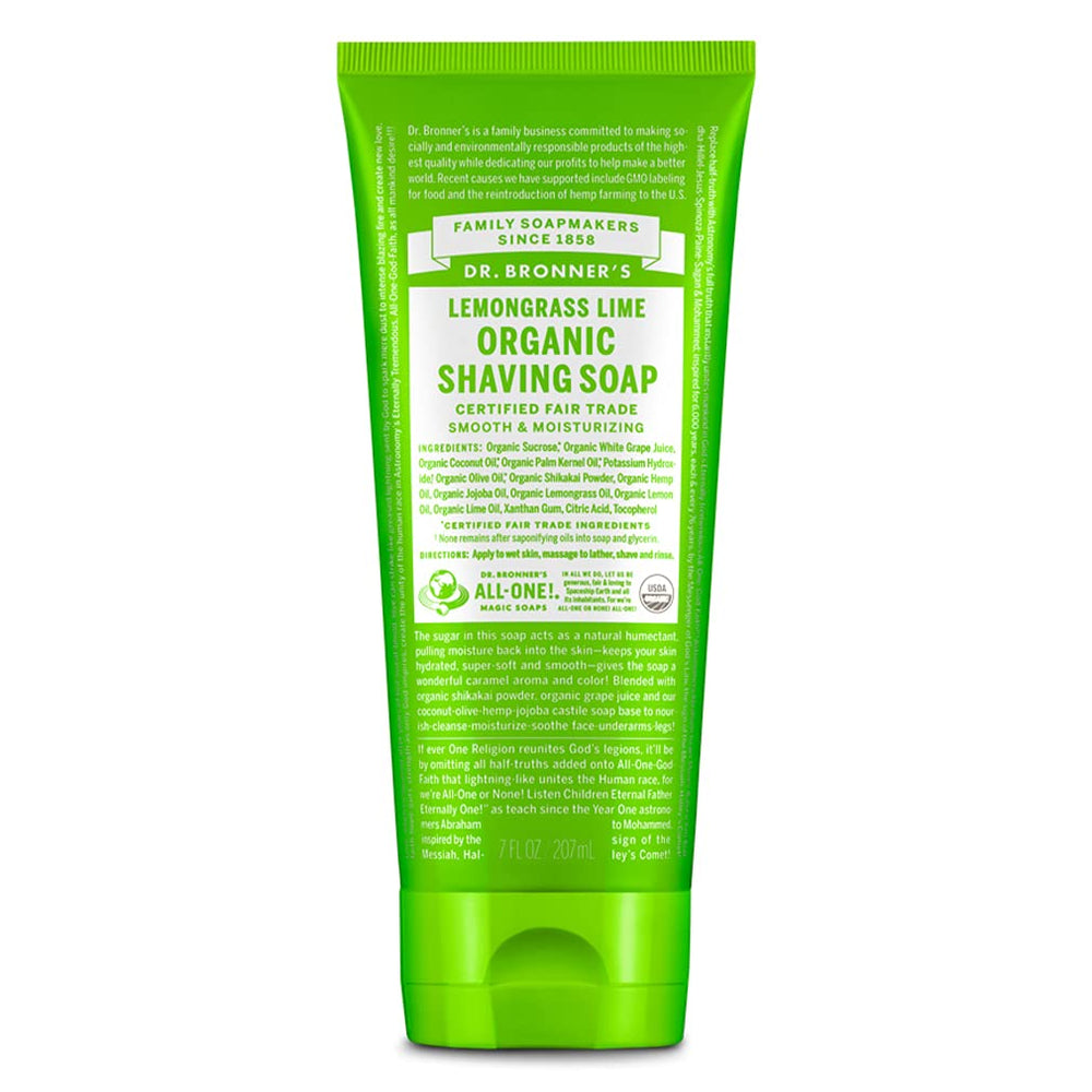 Dr. Bronner's Jabón de afeitar limón, volcado de botella, espuma suave para piel sensible.
