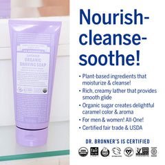 Dr. Bronner's jabón de afeitar orgánico lavanda, azúcar orgánico para hidratación.