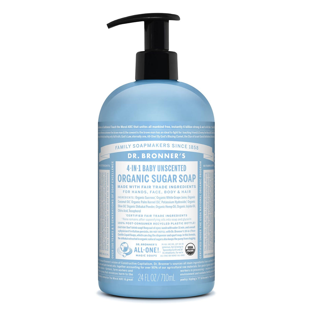 Dr. Bronner's Jabon Azucar Baby sin fragancia en botella, limpieza suave para toda la familia.