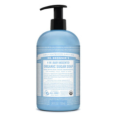 Dr. Bronner's Jabon Azucar Baby sin fragancia en botella, limpieza suave para toda la familia.