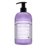 Jabón orgánico Dr. Bronner's de lavanda en botella, aroma relajante para manos y piel.