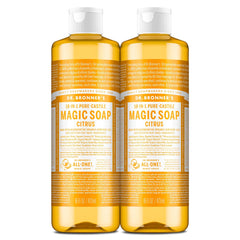 Dr. Bronner's Jabón de Castilla líquido cítrico en botella para piel y hogar.