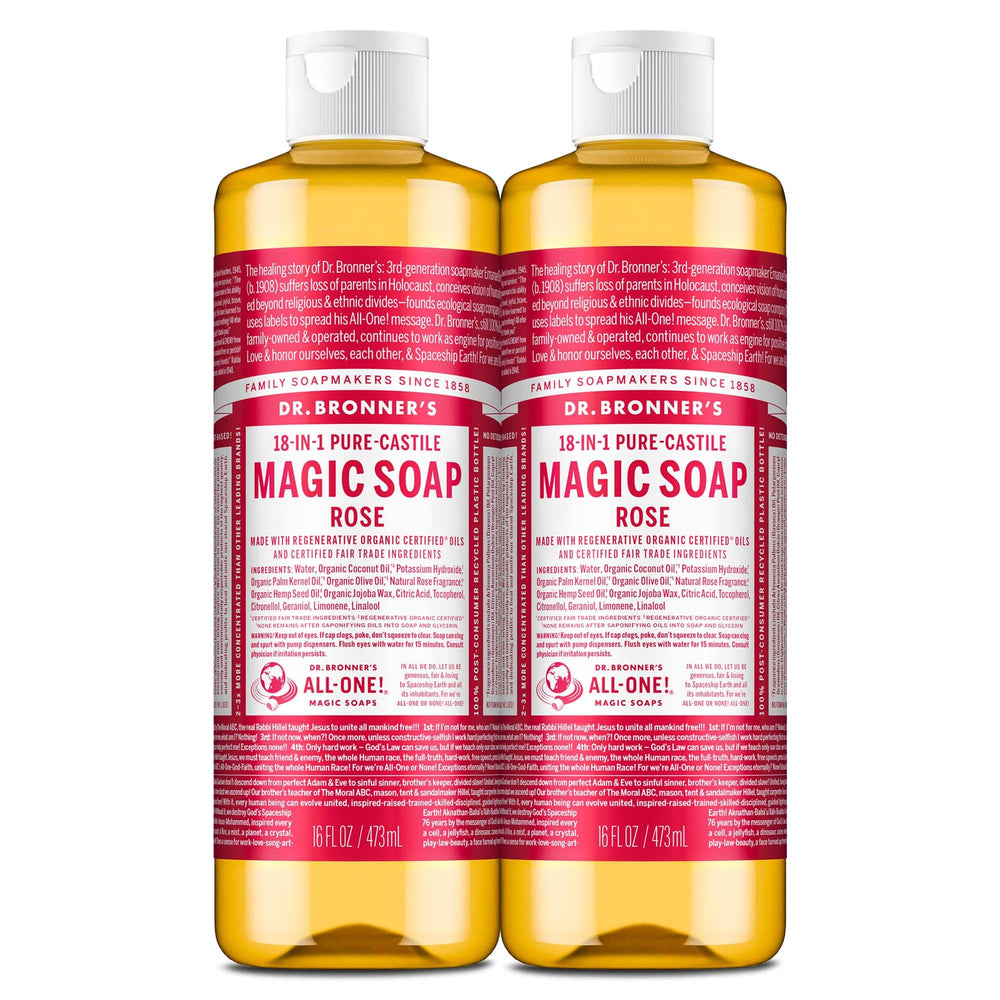 Dr. Bronner's Jabón de Castilla Rosa en botella, limpieza suave para piel y cuerpo.