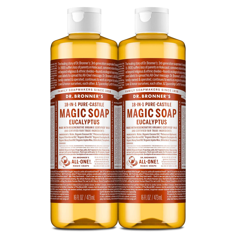 Dr. Bronner's jabon castile eucalipto, botella doble-paquete, uso versatil para hogar