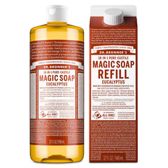Dr. Bronner's jabón líquido castile eucalipto en botella, limpieza suave para piel.