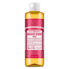 Dr. Bronner's Jabón líquido Castile Rosa para rostro y cuerpo, aroma floral suave.