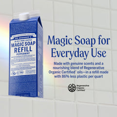 Dr. Bronner’s Pur‑Castile Menthe, mousse riche idéale pour la douche.