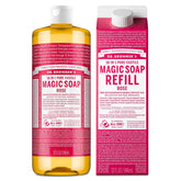 Dr. Bronner's Pure-Castile Rose bottle with rich lather for body and face cleansing.