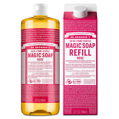 Dr. Bronner's Pure-Castile Rose bottle with rich lather for body and face cleansing.