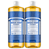Dr. Bronner’s Puro-Castile Menta, botella en dos paquetes, usos versátiles.