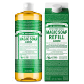 Dr. Bronner’s Savon Castile Amande en bouteille, mousse riche pour corps et visage.