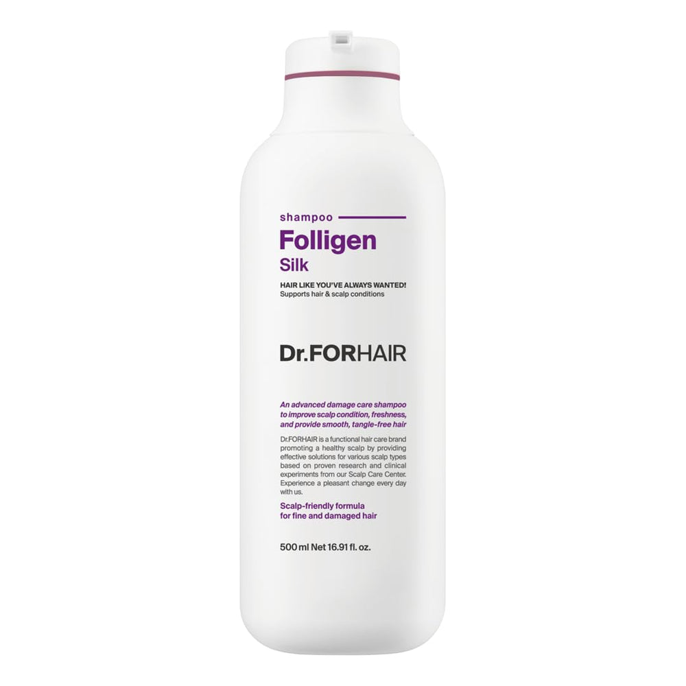 DR.FORHAIR Folligen Silk Shampoo botella: realce de volumen inmediato para cabello fino.