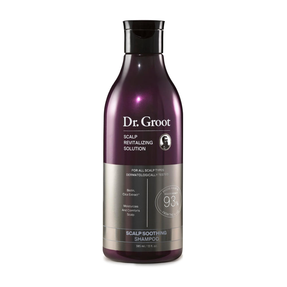 Dr. Groot Shampoing, bouteille avant, parfum orange-geranium, soin cuir chevelu rafraîchissant.