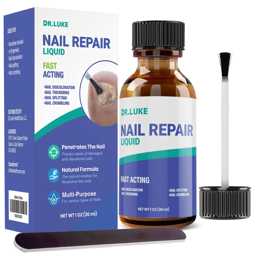 Dr. Luke Nail Repair Liquid en botella para aplicación precisa en uñas.
